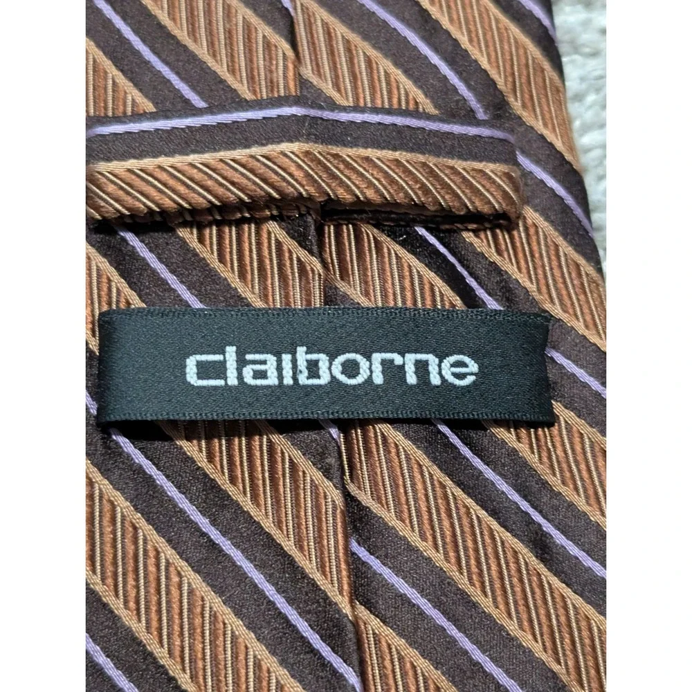 Claiborne Necktie Brown‎ Bronze Lavender Striped Silk Hand Made Classic Tie